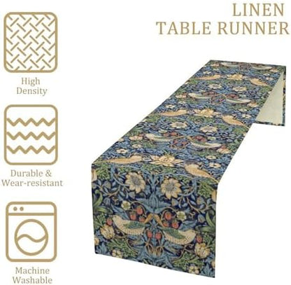 William Morris Floral Table Runner,Flowers Botanical Printed Table Runner for Home Kitchen Dining Table Decoration,13x60 Inch Strawberry Thief