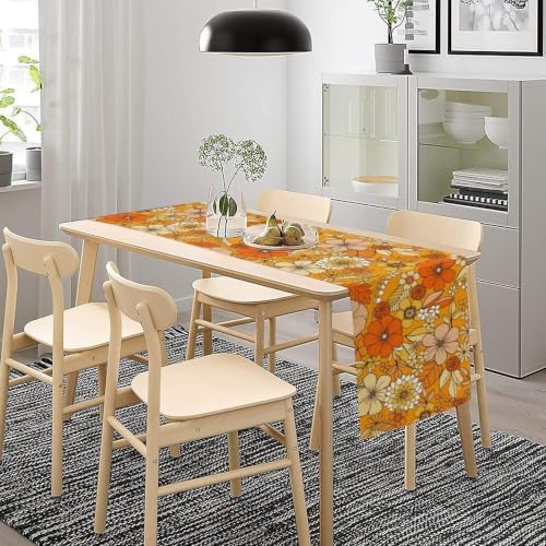 Floral Table Runner Retro 70s Hippie Daisy Flower Peace Love Birthday Party Retro Kitchen Dinning Home Decoration 13x60 Inch