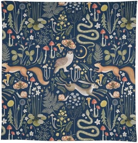 Fairy Forest Tablecloth, Retro Dark Blue Woodland Wildlife Owl Squirrel Print Rustic Flowers Mushrooms Table Cloth for Outdoor Picnic Home Dining Kitchen Table Decor 55x55in