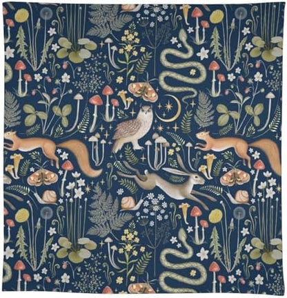 Fairy Forest Tablecloth, Retro Dark Blue Woodland Wildlife Owl Squirrel Print Rustic Flowers Mushrooms Table Cloth for Outdoor Picnic Home Dining Kitchen Table Decor 60x90in