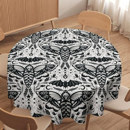 Boho Moth Tablecloth, Gothic Mysterious Halloween Black White Death Butterfly Bat Witch Print Table Cloth for Kitchen Dining Picnic Party Restaurant Decoration, 36x36in