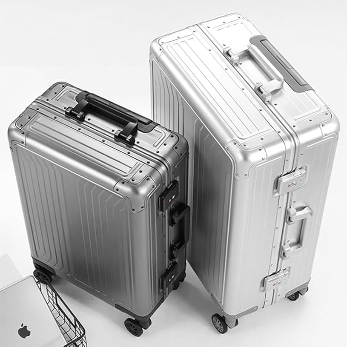 Metal all aluminum carry-on suitcase 20 "hard face, TSA lock and rotating wheel zippered luggage set (black, 2Piece(20/28))