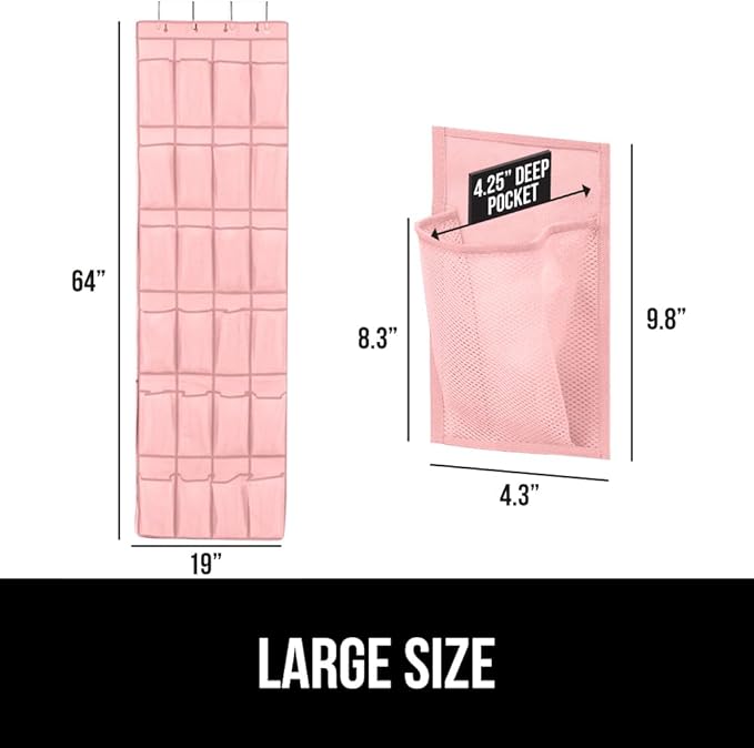 GORILLA GRIP Over the Door Shoe Organizer, 24 Large Breathable Mesh Pockets, Space Saving Hanging Storage Holder, Closet Rack Hanger Holds Up to 40 lbs, Hangs on Closets for Shoes, Accessories, Pink