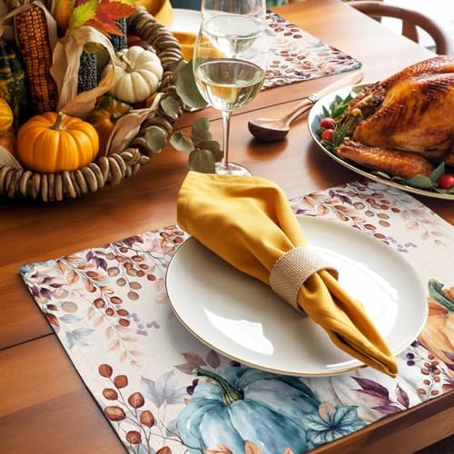 Fall Thanksgiving Placemat, Watercolor Autumn Pumpkins Eucalyptus Leaves Heat Resistant Washable Linen Table Place Mats Party Holiday Decor for Home Kitchen Dining Outdoor Indoor,Blue Orange
