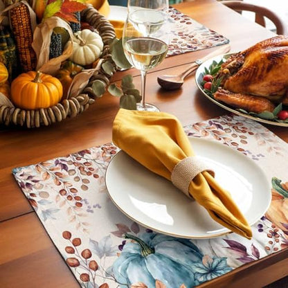 Fall Thanksgiving Placemat, Watercolor Autumn Pumpkins Eucalyptus Leaves Heat Resistant Washable Linen Table Place Mats Party Holiday Decor for Home Kitchen Dining Outdoor Indoor,Blue Orange