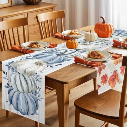 Fall Table Runner Blue Pumpkin Table Runners Harvest Thanksgiving White Blue Pumpkins Wooden Cotton Linen Dresser Scarf Kitchen Dining Table Decor for Autumn Holiday Party Coffee 13x36 Inch