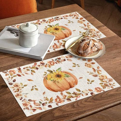 Boho Fall Placemats Set of 6, Thanksgiving Watercolor Pumpkins Heat Resistant Washable Table Place Mats Sunflowers Eucalyptus Table Linens Party Holiday Decor for Home Kitchen Dining Outdoor Indoor,