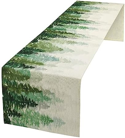 Forest Pine Trees Table Runner, Woodland Tabletop Scarf Home Kitchen Holiday Decor, Seasonal Farmhouse Rustic Dining Decorations Party Supply 13 X 90 Inch