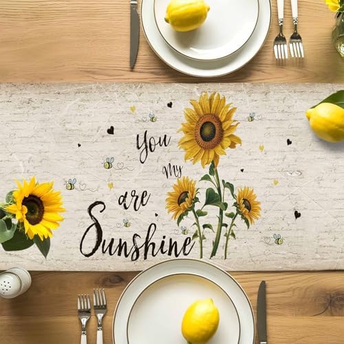 You are My Sunshine Table Runner Dresser Scarf 13 x 36 Inch Vintage Sunflowers Newspaper Texture Table Runners Non-Slip Heat Resistant Kitchen Dining Table Decor for Home Holidays Indoor Outdoor