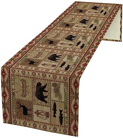 Vintage Rustic Cabin Bear Table Runner,Cottage Country Style Pine Tree Elk Wildlife Dinner Runner for Home Kitchen Dining Table Decoration 13"x60"