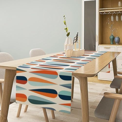 Mid Century Modern Table Runner Retro Blue Orange Grey Water Droplets Geometric Table Runner for Kitchen Dining Room Dining Table Decoration 13x90in