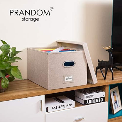 PRANDOM File Organizer Box - Set of 2 Collapsible Decorative Linen Filing Storage Hanging File Folders with Lids Office Cabinet Letter/Legal Size Light Grey (17x14x11.2 inch)