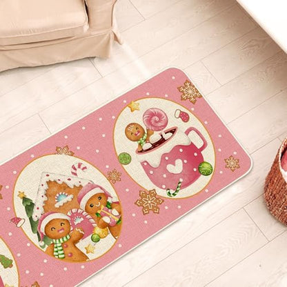 JarThenaAMCS Christmas Kitchen Mats Set of 2 Pink Gingerbread Man Non-Slip Floor Mat Xmas Decorative Rugs for Bathroom Kitchen, 17 x 29 Inch & 17 x 47 Inch