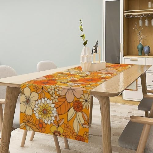 Floral Table Runner Retro 70s Hippie Daisy Flower Peace Love Birthday Party Retro Kitchen Dinning Home Decoration 13x36 Inch