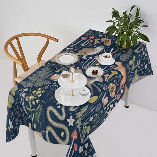 Fairy Forest Tablecloth, Retro Dark Blue Woodland Wildlife Owl Squirrel Print Rustic Flowers Mushrooms Table Cloth for Outdoor Picnic Home Dining Kitchen Table Decor 60x110in