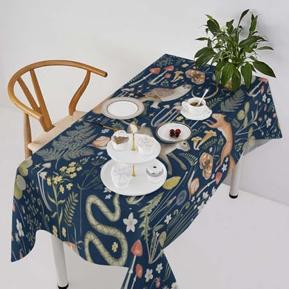 Fairy Forest Tablecloth, Retro Dark Blue Woodland Wildlife Owl Squirrel Print Rustic Flowers Mushrooms Table Cloth for Outdoor Picnic Home Dining Kitchen Table Decor 60x110in