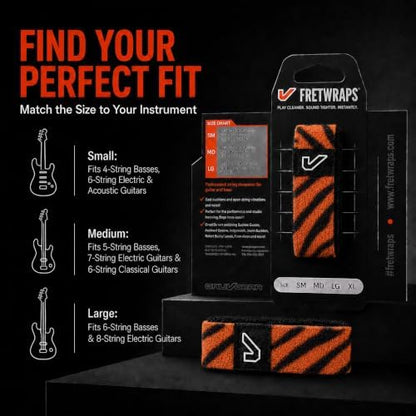 Gruv Gear Fret Wrap & Guitar Mute, Fretwrap for Acoustic, Electric & Bass | String Dampener Recording, Tapping & Practice Accessory (1 Pack, Extra Large Tiger, Fits 7-12 String Bass, Extended Guitar