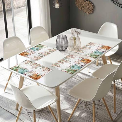Fall Thanksgiving Placemat, Autumn Pumpkins Eucalyptus Leaves Heat Resistant Washable Dining Table Mats Fall Holiday Farmhouse Decor for Kitchen&Linens Outdoor Indoor, Blue Sage Green Orange