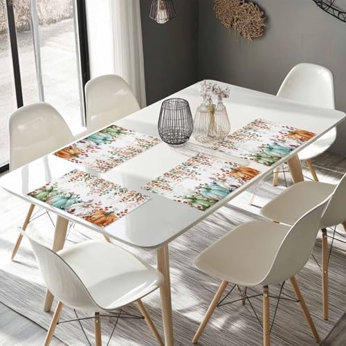 Fall Thanksgiving Placemats Set of 6, Autumn Pumpkins Eucalyptus Leaves Heat Resistant Washable Dining Table Mats Fall Holiday Farmhouse Decor for Kitchen&Linens Outdoor Indoor, Blue Sage Green Orange