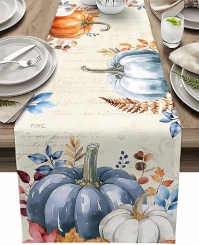 Fall Pumpkin Table Runner Dresser Scarf 18 x 72 Inch Blue Orange Maple Leaf Rustic Table Runners Non-Slip Heat Resistant Kitchen Dining Table Decor for Autumn Thanksgiving Holidays Indoor Outdoor