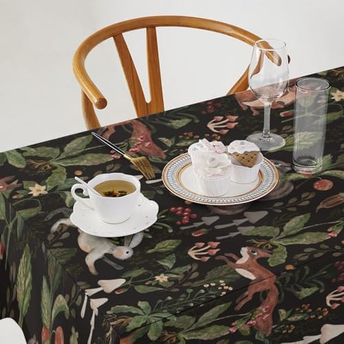 Cartoon Woodland Tablecloth, Watercolor Rustic Forest Wild Animals Bunny Rabbit Squirrel Mushroom Plants Print Table Cloth for Indoor Outdoor Dining Table Party Picnic Decor 55x55in