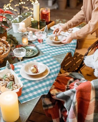 Rustic Teal White Buffalo Check Plaid Pattern Placemats Set of 6, Farmhouse Heat Resistant Washable Table Place Mats Cotton Table Linens Party Holiday Decor for Kitchen Dining Outdoor Indoor