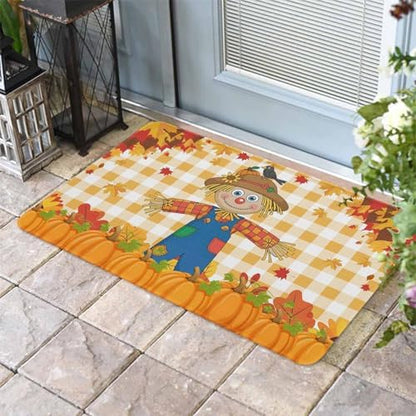 Fall Door Mat Scarecrows Crow Pumpkin Doormat Maple Leaf Orange Buffalo Plaid Harvest Thanksgiving Welcome Mat Non Slip Entryway Front Rug Floor Mat for Indoor Outdoor Kitchen Autumn Holiday 20x32