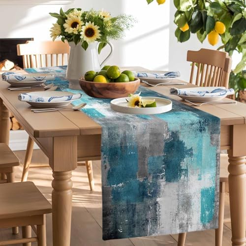 Teal Grey Abstract Art Table Runner Dresser Scarf 13 x 36 Inch Modern Turquoise Color Block Graffiti Table Runners Non-Slip Heat Resistant Kitchen Dining Table Decor for Home Holidays Indoor Outdoor
