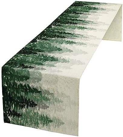 Green Forest Pine Trees Table Runner, Woodland Tabletop Scarf Home Kitchen Holiday Decor, Seasonal Farmhouse Rustic Dining Decorations Party Supply 13 X 70 Inch