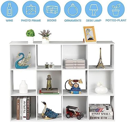 SUPER DEAL 12-Compartment Open Shelf Bookcase, 47 inch Wide Cube Storage Cabinet Wood Cubical Bookshelves Display Unit with 6 Removable Back Panels for Living Room Bedroom, White
