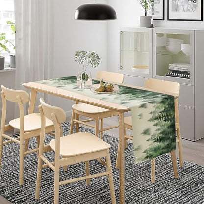 Watercolor Green Pine Trees Table Runner, Forest Woodland Tabletop Scarf Home Kitchen Holiday Decor, Seasonal Farmhouse Rustic Dining Decorations Party Supply 13 X 70 Inch