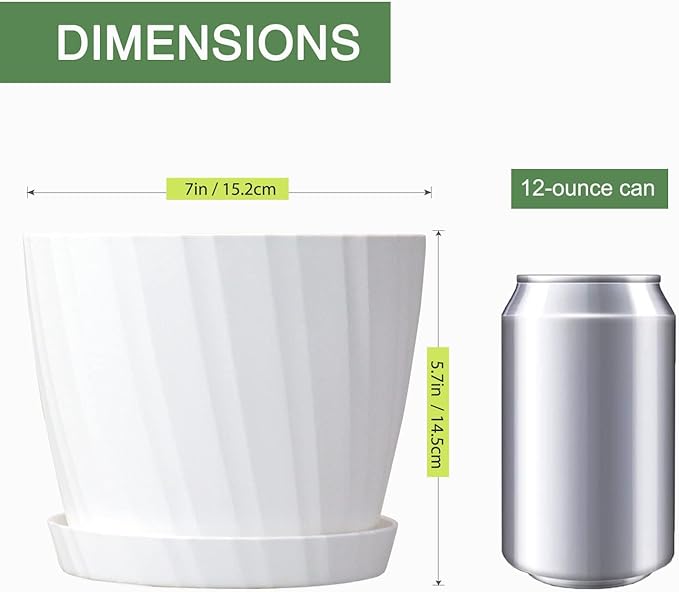 7 Inch Plant Pots Bulk, 6 Pack Plastic Planters with Drainage Holes and Saucers for Indoor Outdoor House Plants and Flowers, White