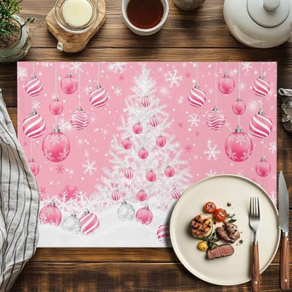 Pink Christmas Placemats Set of 6, White Xmas Tree Snowflakes Pink Balls Heat Resistant Washable Table Place Mats Winter Cotton Table Linens Party Holiday Decor for Kitchen Dining Outdoor Indoor