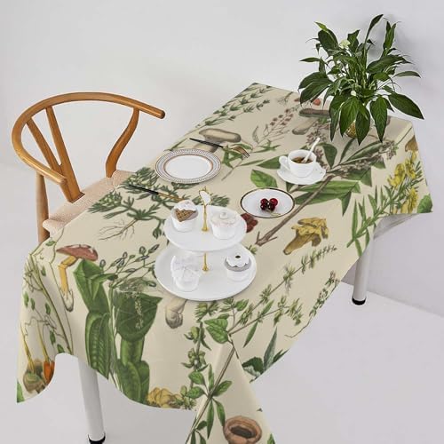 Vintage Botanical Tablecloth, Antique 1900s Mushroom Boho Wildflower Green Herbs Ferns Farmhouse Table Cover for Party Picnic Dinner Decor 60x110in