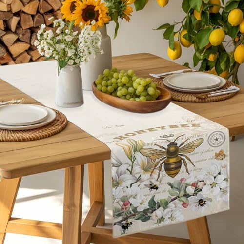 Bee Table Runner Dresser Scarf 13 x 72 Inch Farmhouses Honeybee White Floral Plants Retro Beige Table Runners Non-Slip Heat Resistant Kitchen Dining Table Decor for Home Holidays Indoor Outdoor