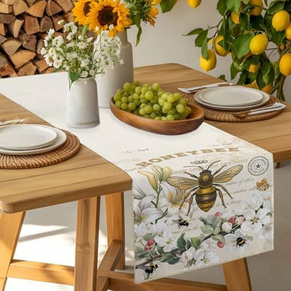 Bee Table Runner Dresser Scarf 13 x 72 Inch Farmhouses Honeybee White Floral Plants Retro Beige Table Runners Non-Slip Heat Resistant Kitchen Dining Table Decor for Home Holidays Indoor Outdoor