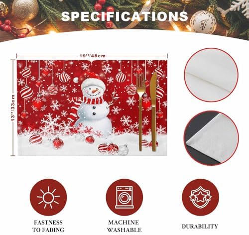 Christmas Placemats Set of 6, Snowman Heat Resistant Washable Dining Table Mats Xmas Holiday Farmhouse Decor for Kitchen&Linens Outdoor Indoor, Snowflake Red Christmas Balls