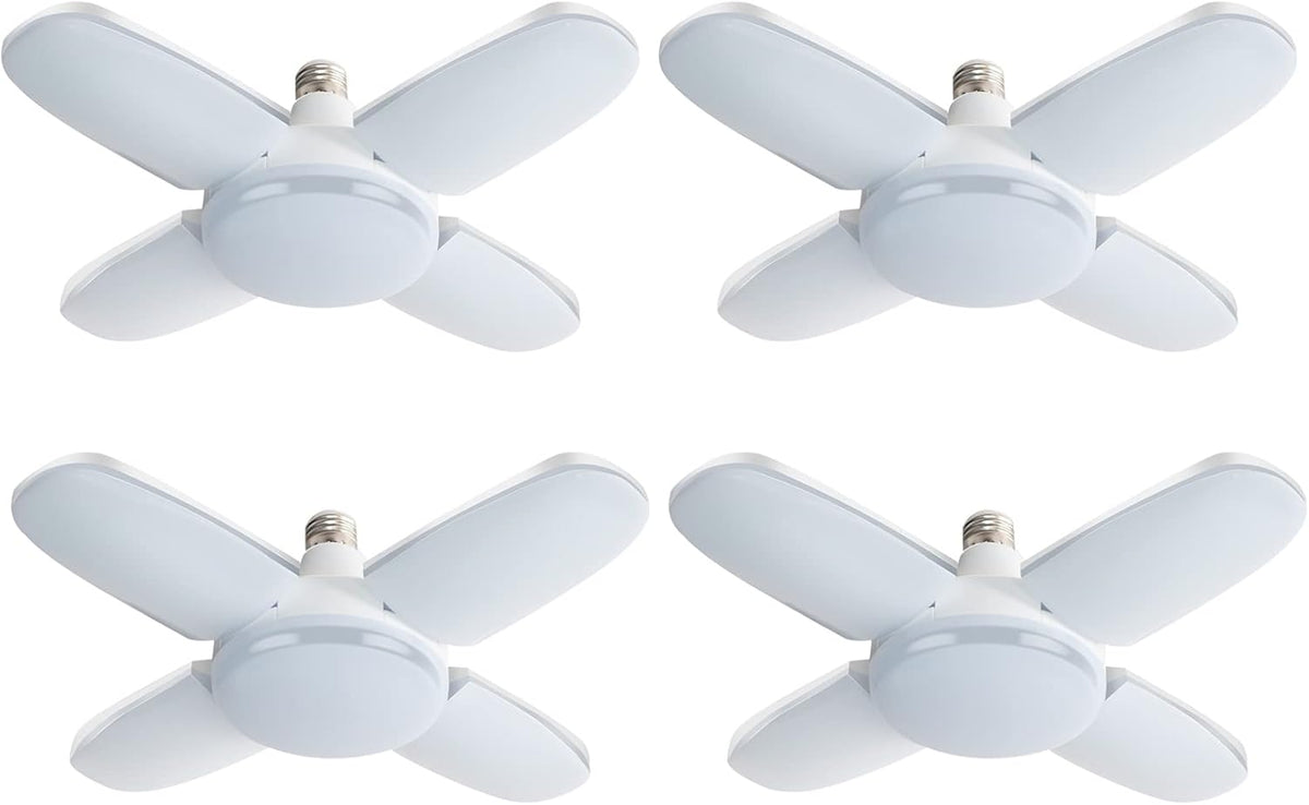 LED Garage Lights 4 Pack, 80W LED Shop Light with 4+1 Multi-Position Panels Deformable E26/E27 Ceiling Light, 6500k 8000LM Ceiling Led Daylight for Shop, Basement, Workshop, Attic, Barn