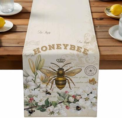 Bee Table Runner Dresser Scarf 13 x 72 Inch Farmhouses Honeybee White Floral Plants Retro Beige Table Runners Non-Slip Heat Resistant Kitchen Dining Table Decor for Home Holidays Indoor Outdoor