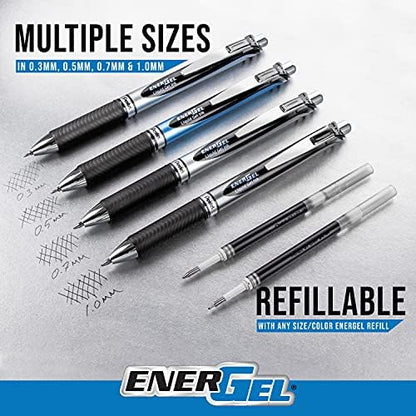 Pentel EnerGel RTX Gel Pens, 0.7 mm Metal Tip, Black/Silver Barrel, Blue Ink, Box of 12 (BL77-C)
