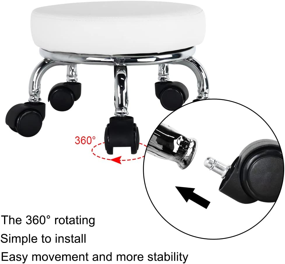 Modern Roller Seat PU Leather Low Round Rolling Stool 360 Swivel Small Stool with Universal Caster Wheels for Home Office Garage Shop Fitness Sport H8.6" (White)