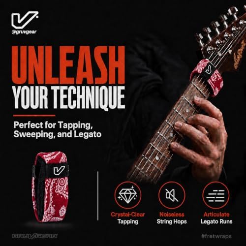 Gruv Gear Fret Wrap & Guitar Mute, Fretwrap for Acoustic, Electric & Bass | String Dampener Recording, Tapping & Practice Accessory (1 Pack, Large Bandana Red, Fits 6 String Bass, 8 String Guitar)
