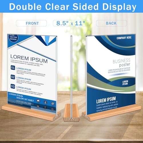 Kersally Acrylic Sign Holder 8.5 x 11, 6 Pack Double-Sided Clear Table Display Stands with Wood Base,Vertical Acrylic Frame Menu Flyer Paper Holder for Stores, Restaurants, Hotels, Office, Show Fair