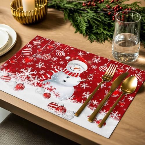 Christmas Placemats Set of 6, Snowman Heat Resistant Washable Dining Table Mats Xmas Holiday Farmhouse Decor for Kitchen&Linens Outdoor Indoor, Snowflake Red Christmas Balls