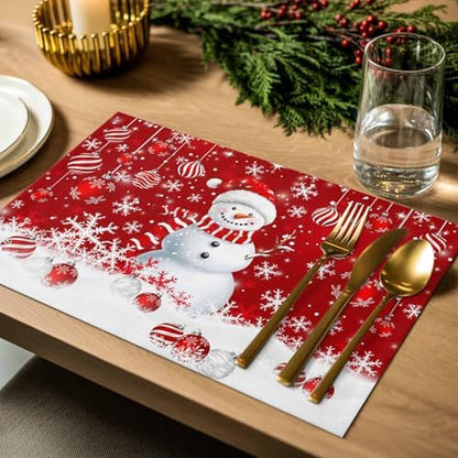 Christmas Placemats Set of 6, Snowman Heat Resistant Washable Dining Table Mats Xmas Holiday Farmhouse Decor for Kitchen&Linens Outdoor Indoor, Snowflake Red Christmas Balls