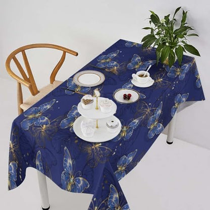 Retro Blue Butterfly Tablecloth, Luxury Golden Blue Butterfly Print Table Cover for Home Dining Decor Kitchen Party Outdoor 60x90in