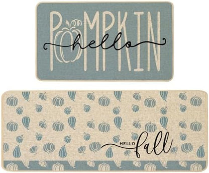 Baccessor Fall Kitchen Rugs Set of 2, Blue Pumpkin Kitchen Mats for Floor Washable Low-Profile Farmhouse Autumn Holiday Home Indoor Outdoor Decor 17x29 and 17x47 Inch