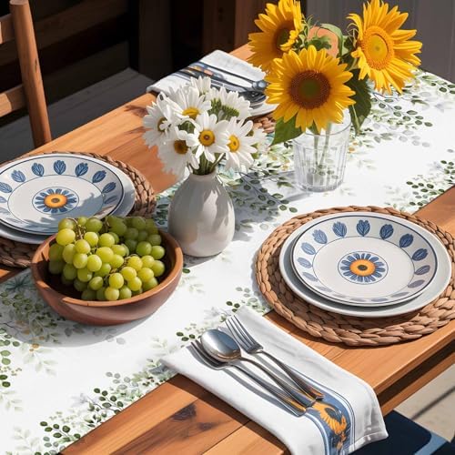 Green Eucalyptus Leaf Table Runner Dresser Scarf 13 x 120 Inch Farm Sage Green Orange Leaves Branch Table Runners Non-Slip Heat Kitchen Dining Tabletop Cover for Indoor Outdoor Home Party Decoration