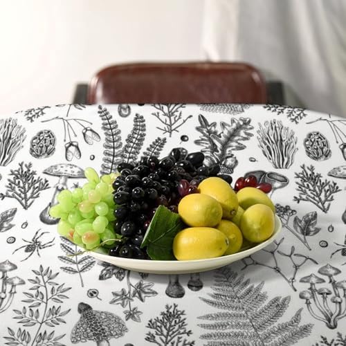 Vintage Mushroom Tablecloth, Black White Nature Forest Fern Leaves Autumn Plants Botanical Print Table Cover for Home Dining Decor Kitchen Party Outdoor 55x55in