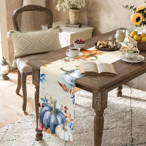 Fall Pumpkin Table Runner Dresser Scarf 14 x 72 Inch Blue Orange Maple Leaf Rustic Table Runners Non-Slip Heat Resistant Kitchen Dining Table Decor for Autumn Thanksgiving Holidays Indoor Outdoor